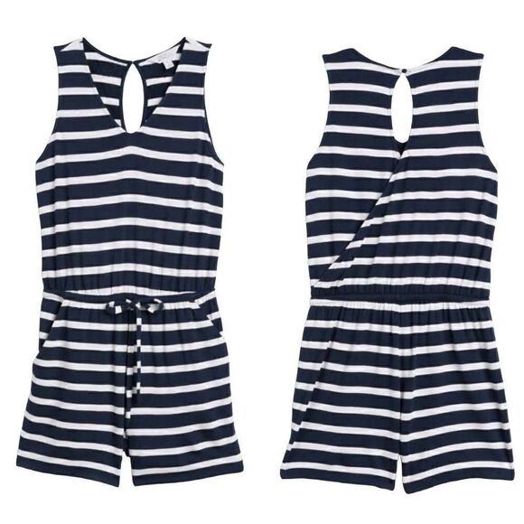 Market & Spruce Toni Keyhole Back Sleeveless Navy White Romper Size Small - Picture 1 of 10